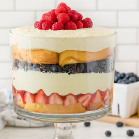 Berry Cheesecake Trifle in a trifle dish.