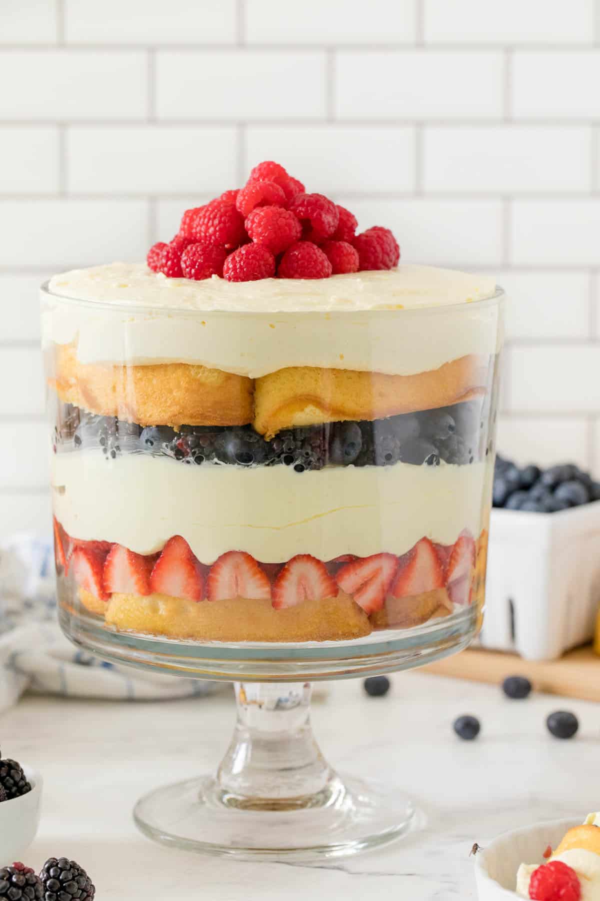 Berry Cheesecake Trifle in a trifle dish.