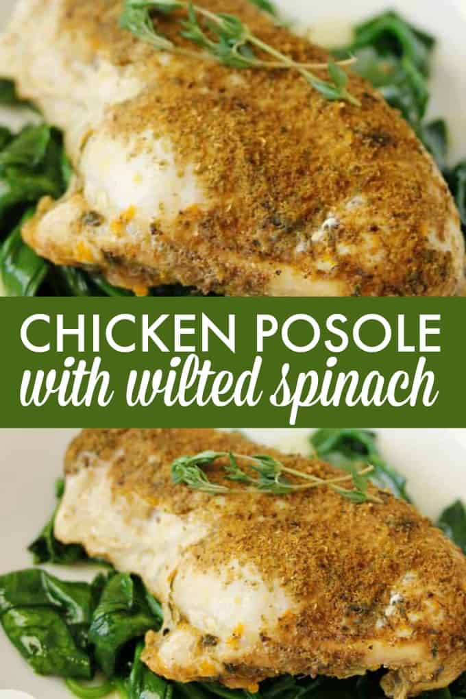 Chicken Posole with Wilted Spinach - flavored with a fragrant blend of Mexican spices and a hint of orange and served on a bed of garlic baby spinach. Yum!