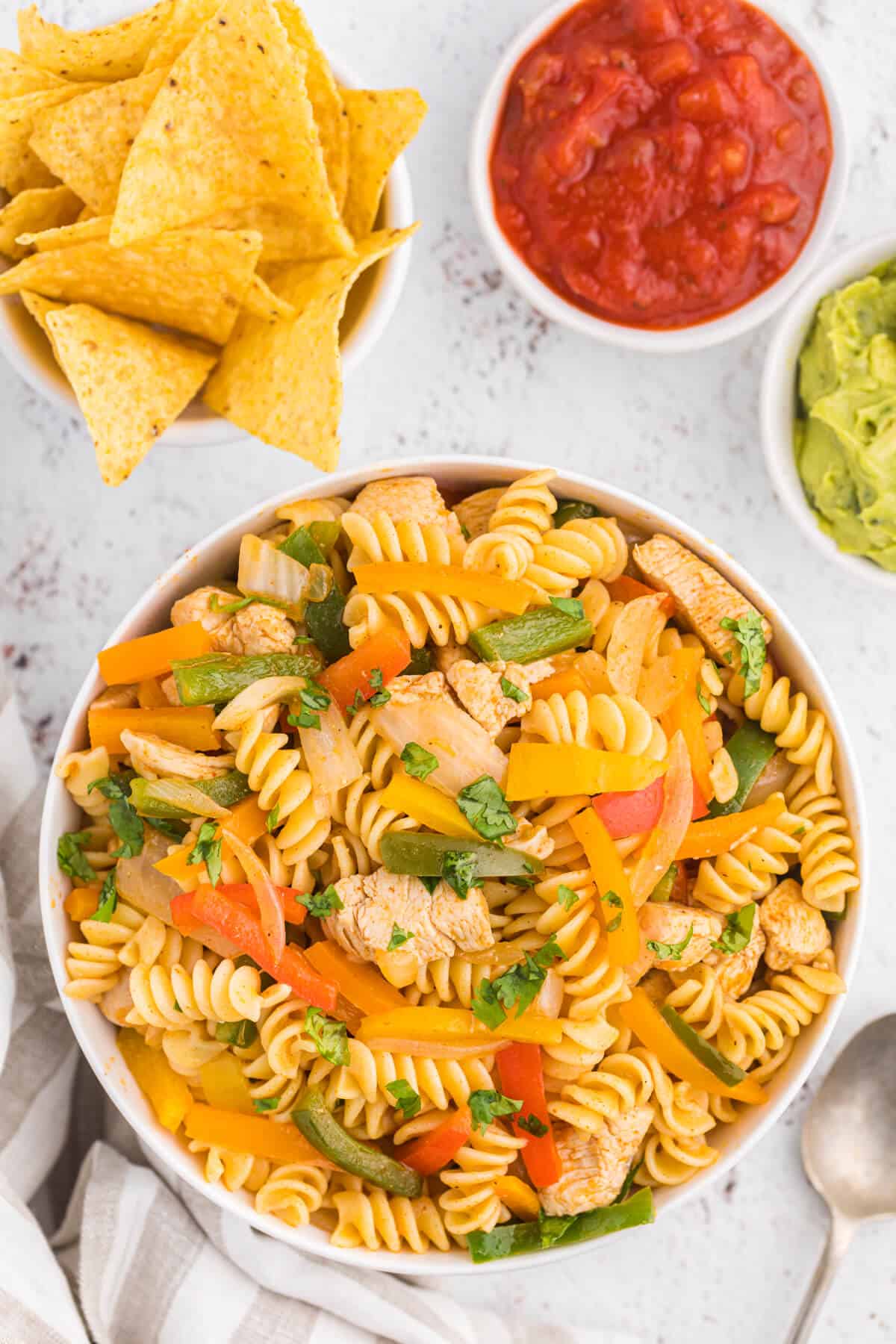 Chicken fajita pasta salad in a bowl.