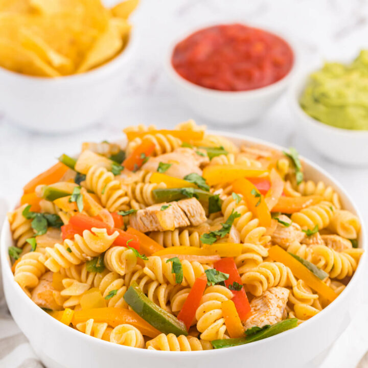 Chicken fajita pasta salad in a white bowl.
