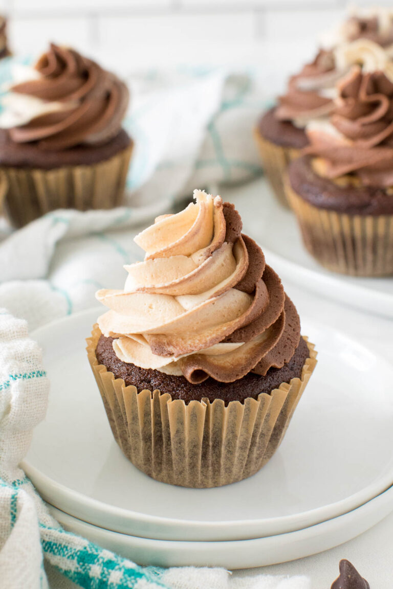 chocolate peanut butter cupcakes on a plate