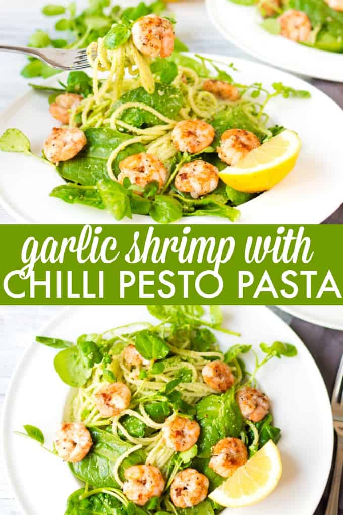 Garlic Shrimp with Chilli Pesto Pasta - Skip the jarred spaghetti sauce! Homemade pesto is the best complement for these sweet and spicy shrimp on a bed of noodles and baby spinach.