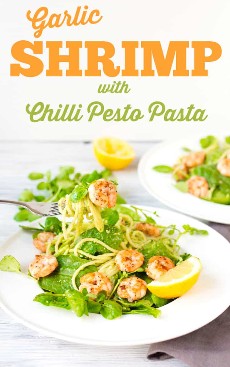 Garlic Shrimp with Chilli Pesto Pasta - Skip the jarred spaghetti sauce! Homemade pesto is the best complement for these sweet and spicy shrimp on a bed of noodles and baby spinach.