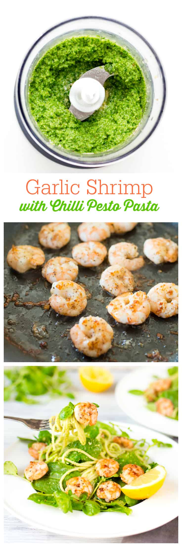 Garlic Shrimp with Chilli Pesto Pasta - Skip the jarred spaghetti sauce! Homemade pesto is the best complement for these sweet and spicy shrimp on a bed of noodles and baby spinach.