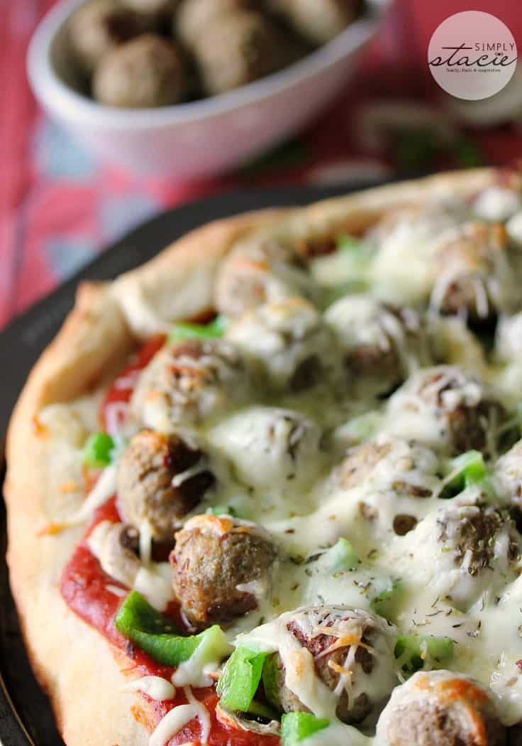 Italian Meatball Pizza - Take your homemade pizza to the next level with Italian meatballs, green peppers, mushrooms, and plenty of cheese.
