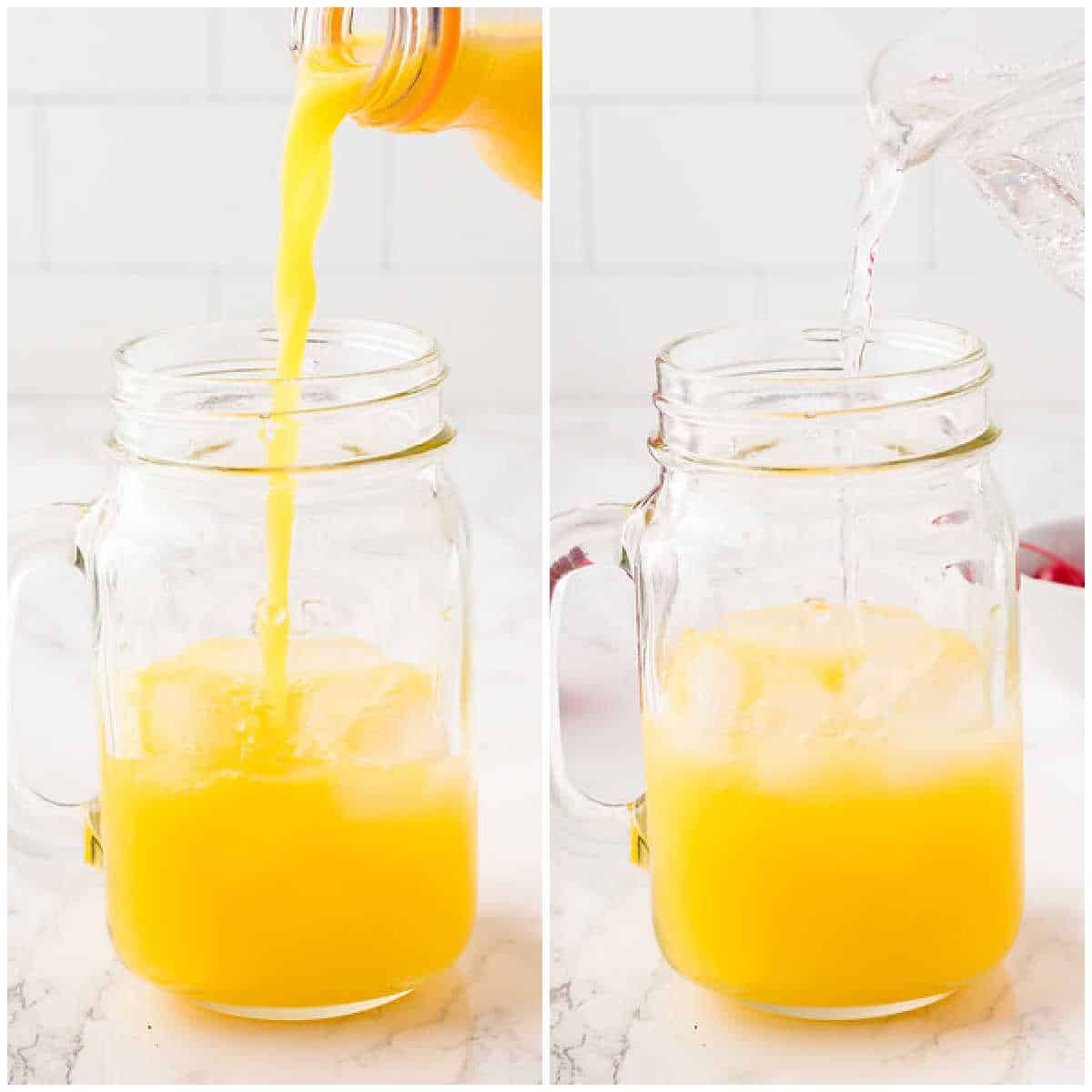 Collage of adding ingredients to a glass.