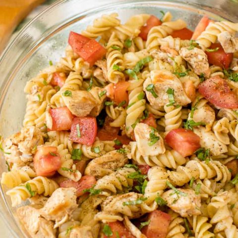 Bruschetta Chicken Pasta Salad - the perfect summer side! People rave about how delicious this recipe is.