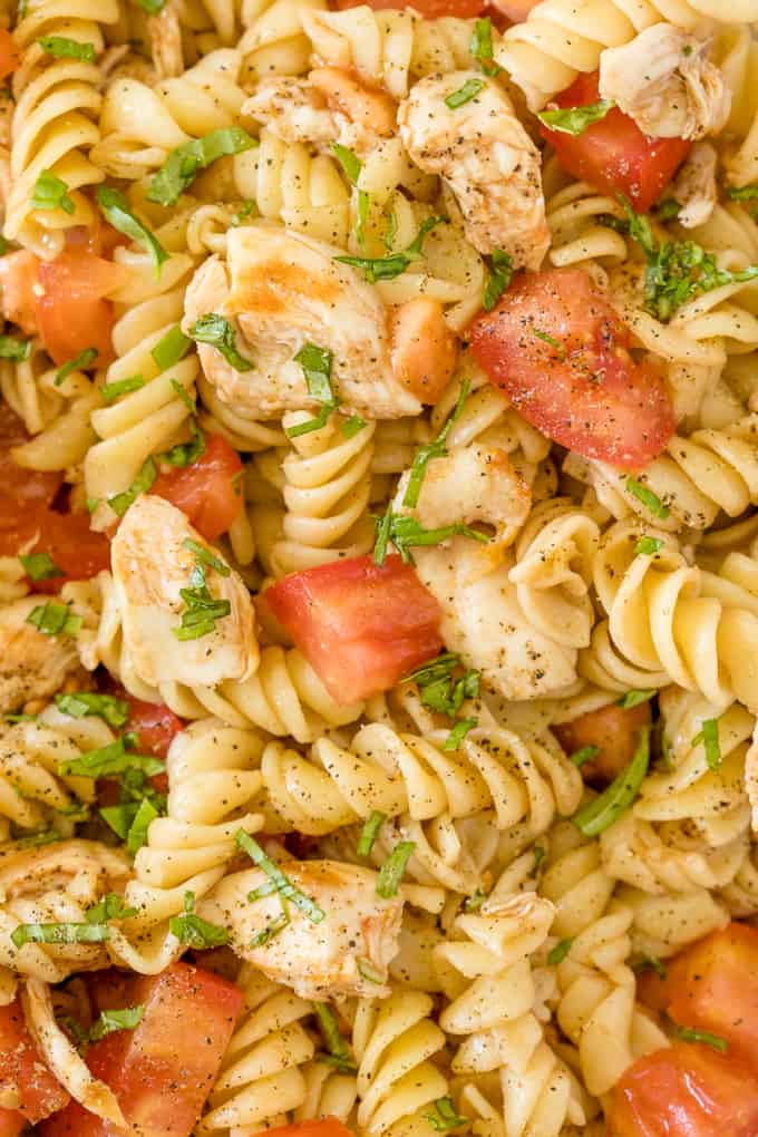 Bruschetta Chicken Pasta Salad - The best pasta salad! Add fresh tomatoes and basil for an amazing summer side dish packed with protein.