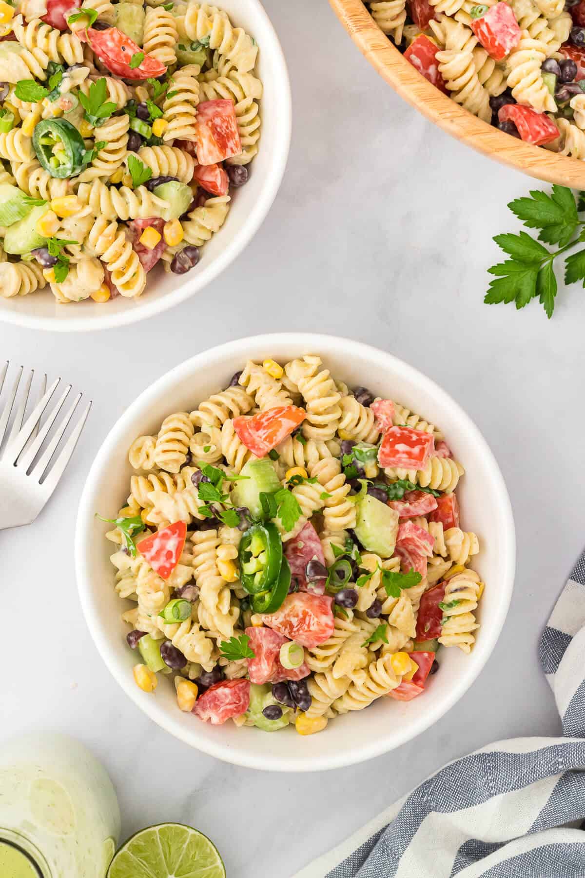 Jalapeno ranch pasta salad in a white bowl.