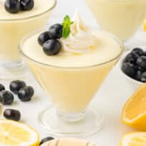 Lemon cheesecake mousse in a parfait dish.