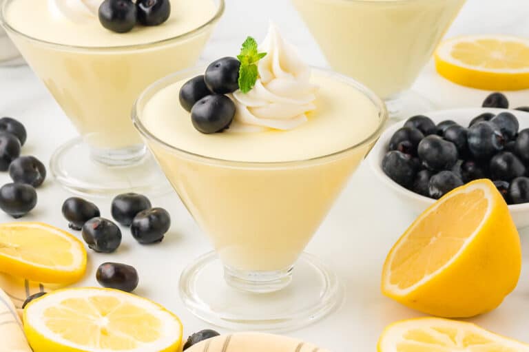 Lemon cheesecake mousse in a parfait dish.