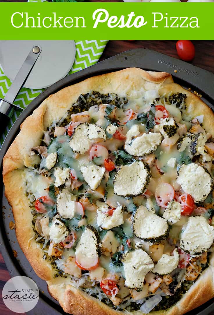 Chicken Pesto Pizza - Skip the frozen aisle and try this pizza recipe! Made with a simple pesto, tender chicken chunks, mushrooms, tomatoes and cheese.