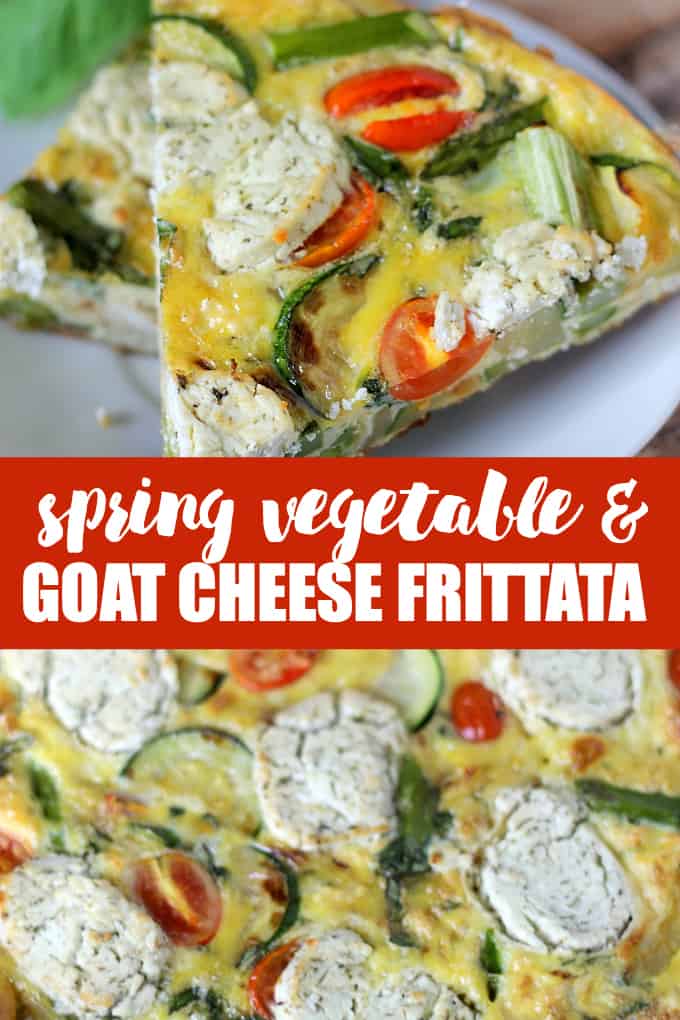 Spring Vegetable & Goat Cheese Frittata - Loaded with the fresh flavours of spring, featuring asparagus, zucchini, tomatoes and the creamy tang of goat cheese, this frittata is very versatile. It can be served warm or at room temperature and is a great breakfast, lunch, or paired with salad, and quick, light dinner option.