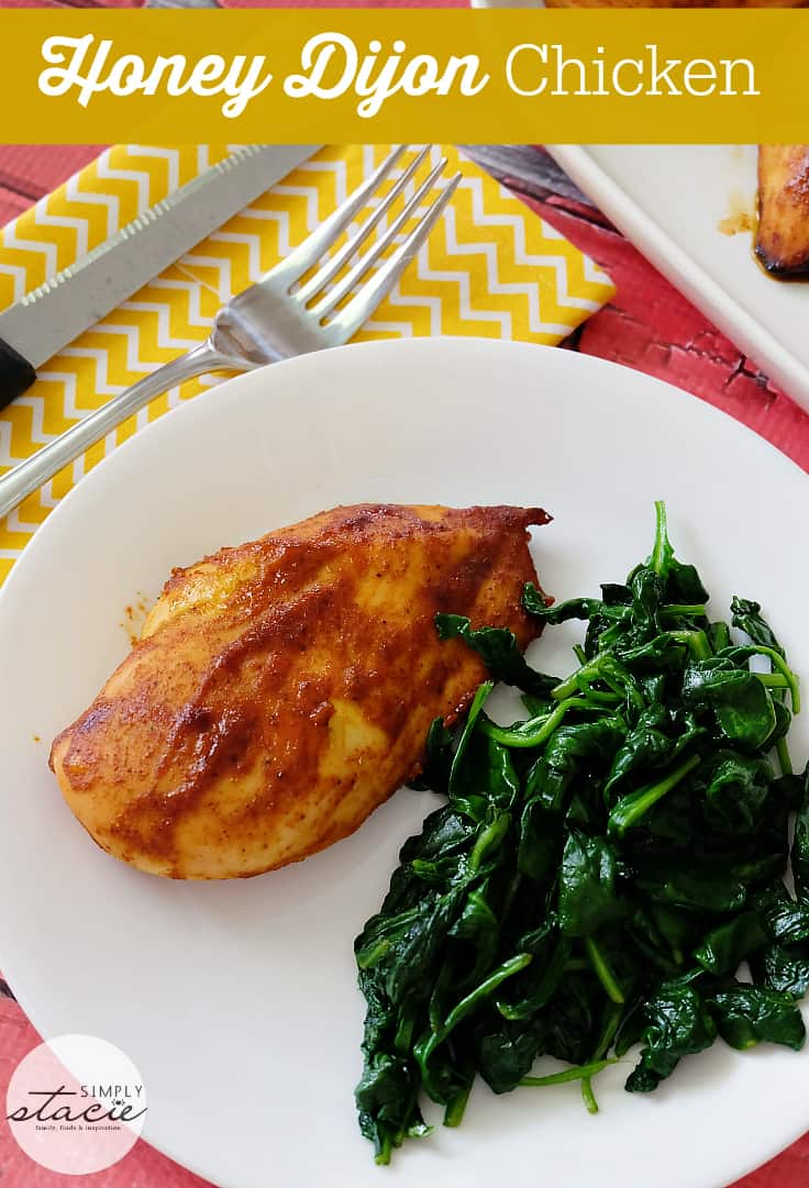 Honey Dijon Chicken - ​No dry chicken here! Take your juicy baked chicken breasts from basic to amazing with this sweet and savory marinade. Chicken breasts smothered in honey, Dijon mustard and spices and then baked to perfection!​