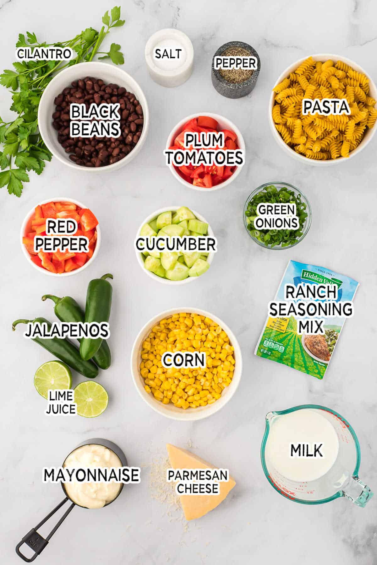 Ingredients to make jalapeno ranch pasta salad.