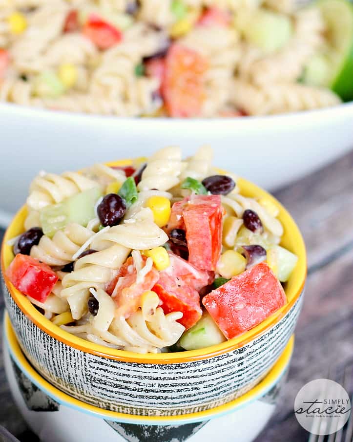 Jalapeno Ranch Pasta Salad - Smothered in a creamy, homemade ranch dressing with a kick of flavour. It’s loaded with veggies and black beans to give it a southwest edge.