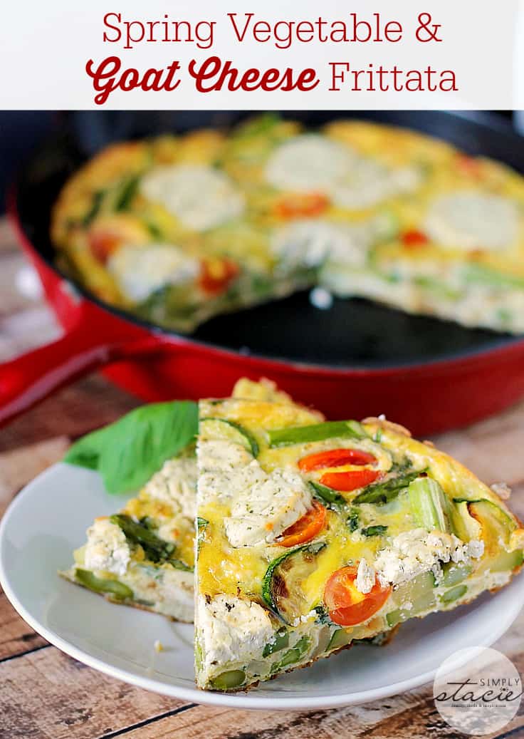 Spring Vegetable & Goat Cheese Frittata - Loaded with the fresh flavours of spring, featuring asparagus, zucchini, tomatoes and the creamy tang of goat cheese, this frittata is very versatile. It can be served warm or at room temperature and is a great breakfast, lunch, or paired with salad, and quick, light dinner option.