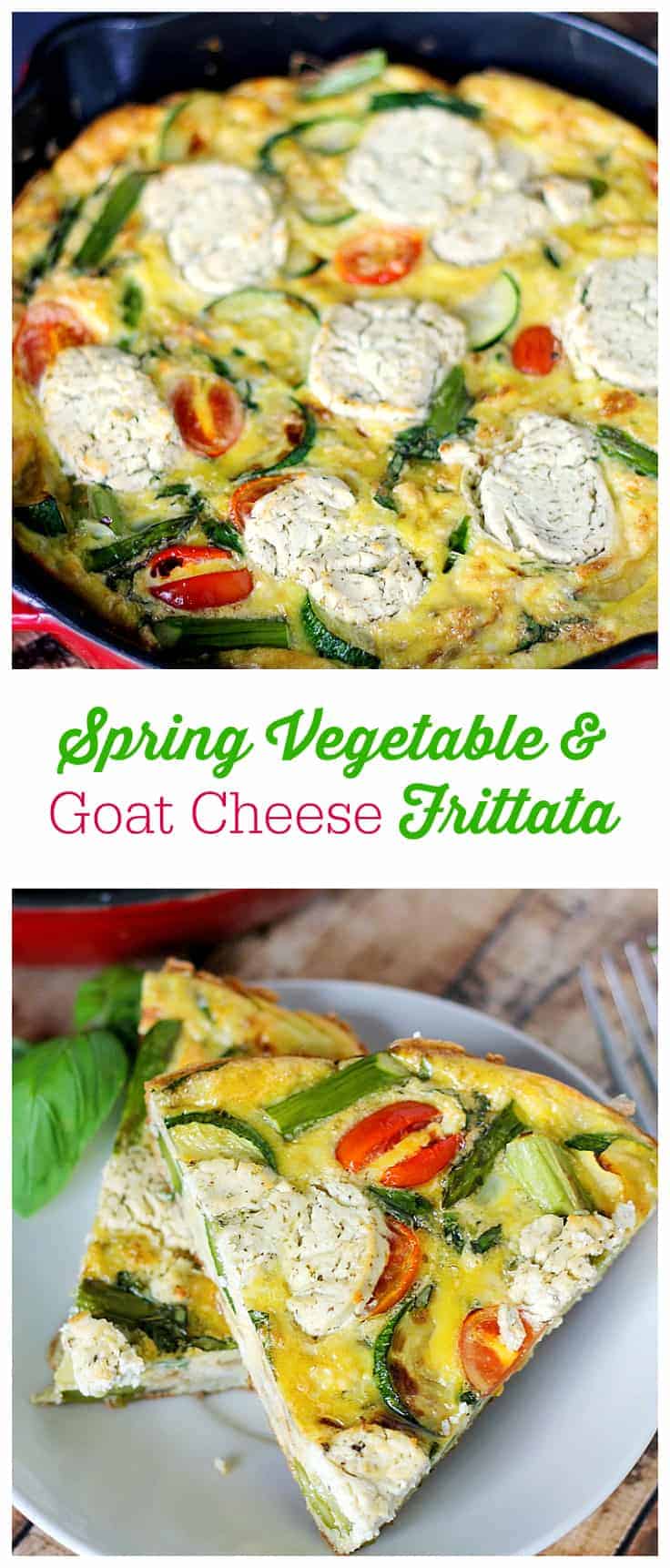 Spring Vegetable & Goat Cheese Frittata - Loaded with the fresh flavours of spring, featuring asparagus, zucchini, tomatoes and the creamy tang of goat cheese, this frittata is very versatile. It can be served warm or at room temperature and is a great breakfast, lunch, or paired with salad, and quick, light dinner option.