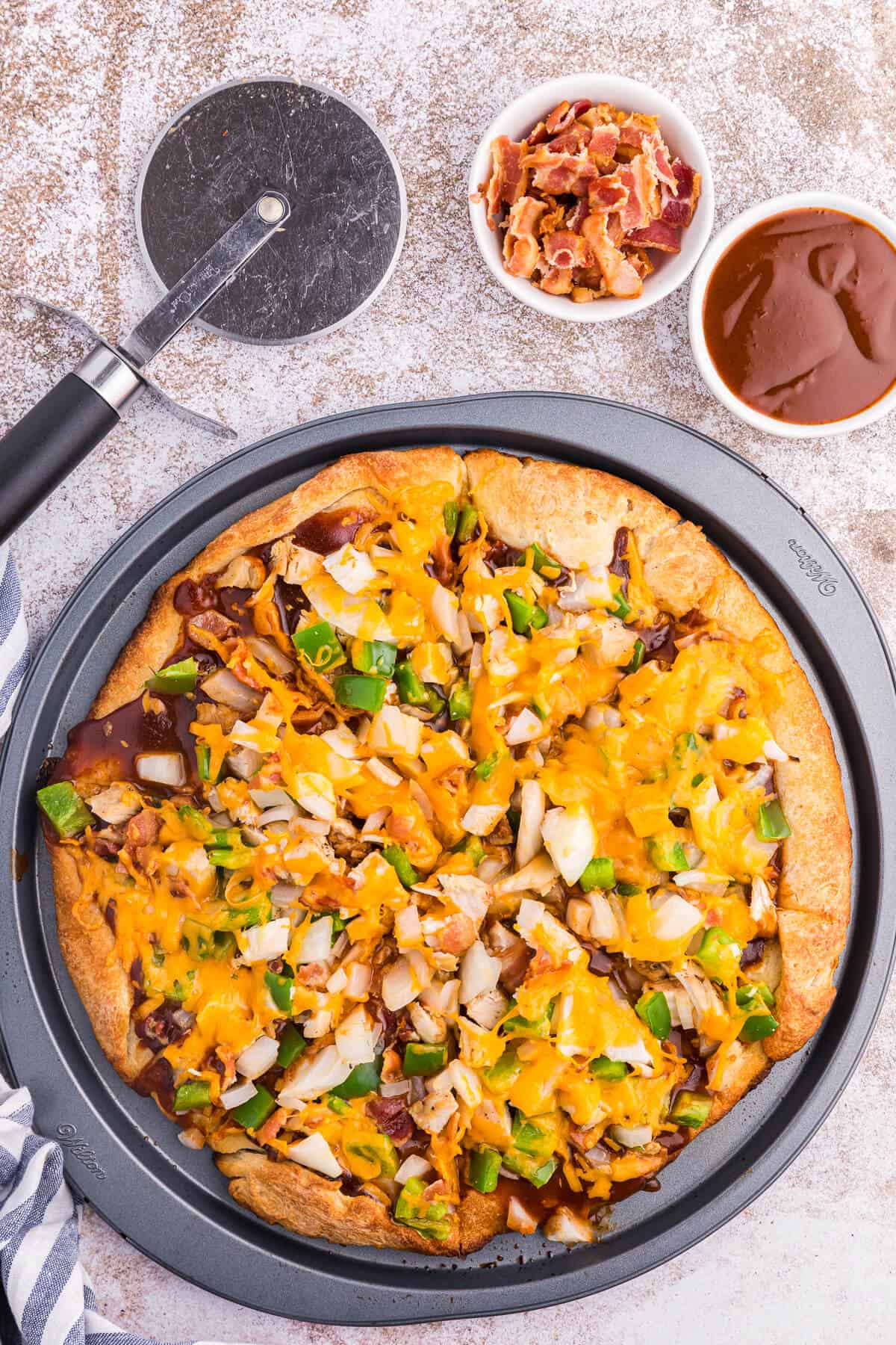 BBQ Chicken Pizza on a baking sheet.