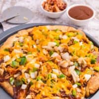 BBQ Chicken Pizza on a baking sheet.