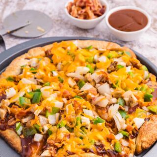 BBQ Chicken Pizza on a baking sheet.