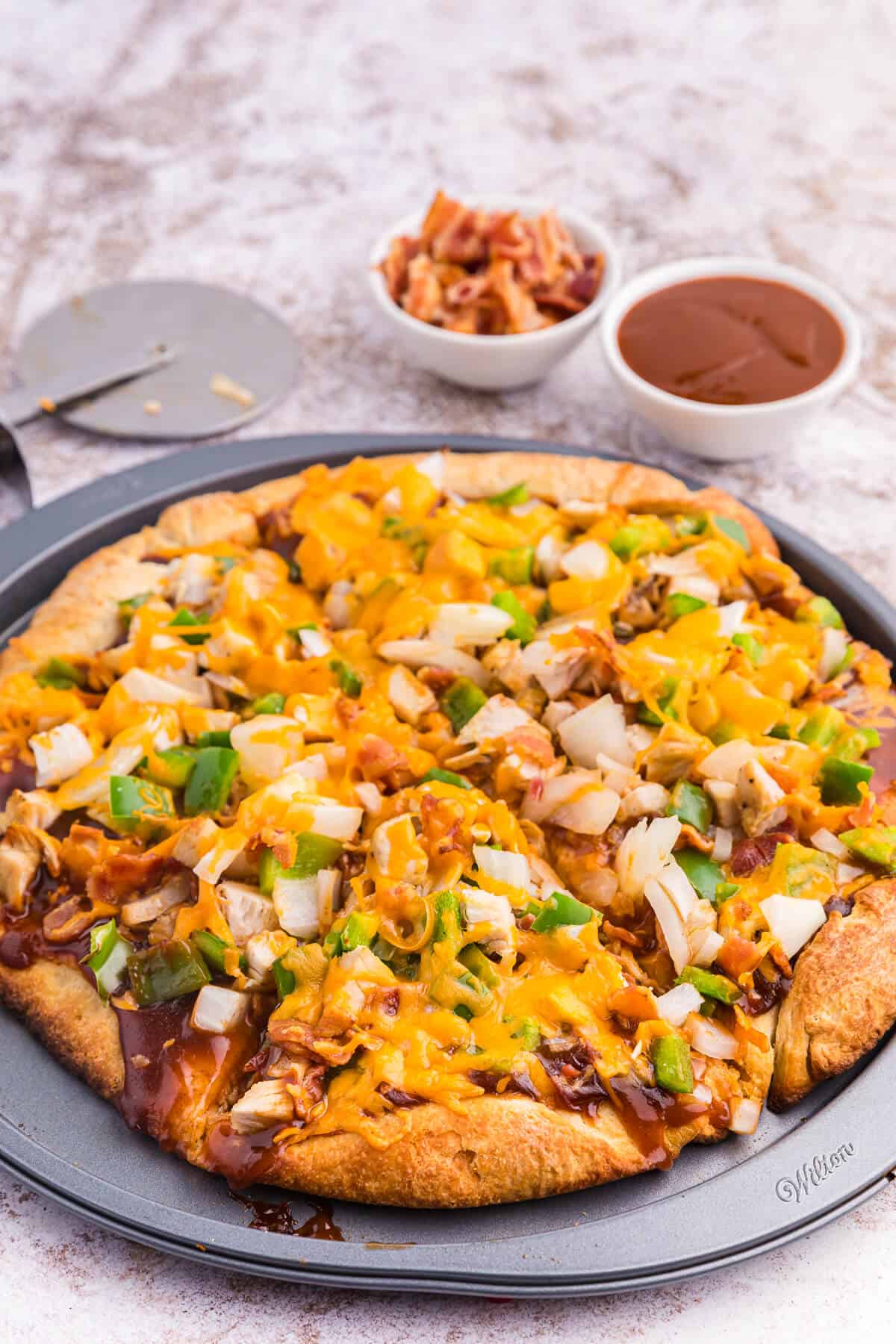 BBQ Chicken Pizza on a baking sheet.