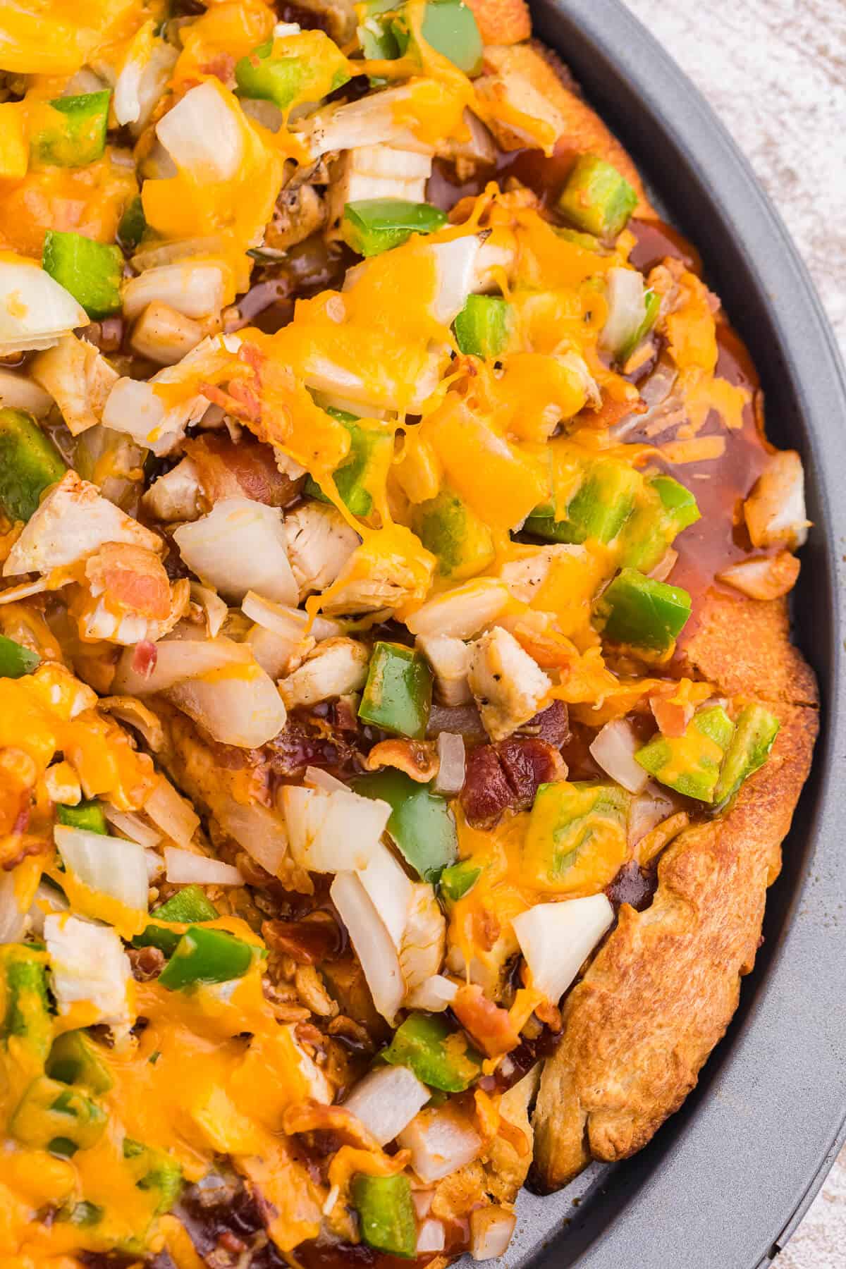 BBQ Chicken Pizza on a baking sheet.