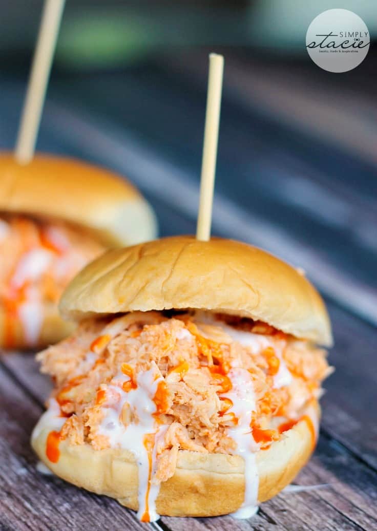 Slow Cooker Buffalo Chicken Sliders - Tender chicken seasoned with Frank's wing sauce and topped with Ranch dressing. These sliders are always a hit!