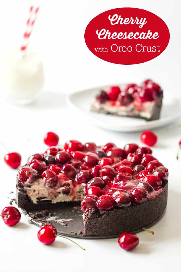 Cherry Cheesecake with Oreo Crust - Chocolate and cherry combine for this decadent dessert! The sweet cheesecake filling melds perfectly with the crunchy cookie crust for a delicious and beautiful treat.