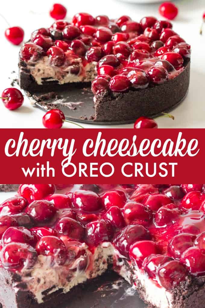 Cherry Cheesecake with Oreo Crust - Chocolate and cherry combine for this decadent dessert! The sweet cheesecake filling melds perfectly with the crunchy cookie crust for a delicious and beautiful treat.