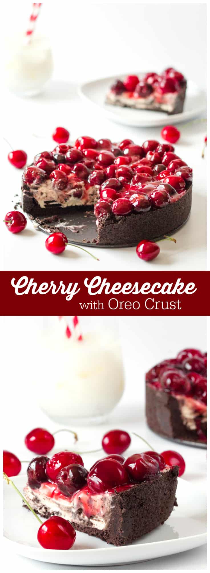 Cherry Cheesecake with Oreo Crust - Chocolate and cherry combine for this decadent dessert! The sweet cheesecake filling melds perfectly with the crunchy cookie crust for a delicious and beautiful treat.