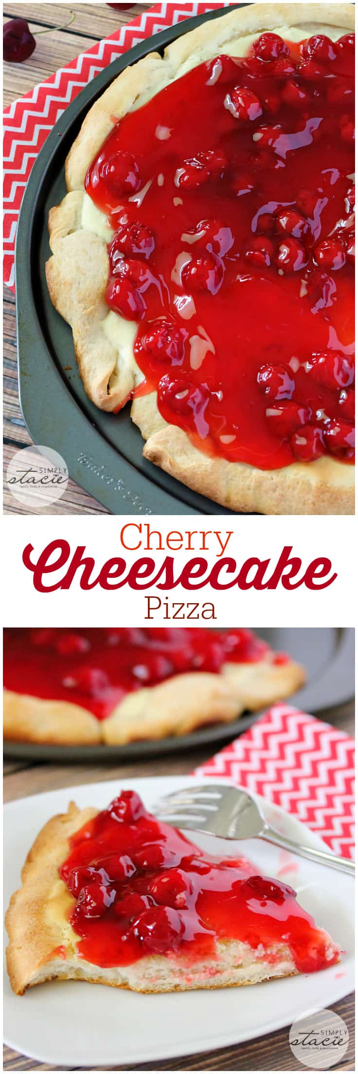 Cherry Cheesecake Pizza - NYC's favorites combined for the best dessert pizza! Smooth cheesecake filling covered with cherries in a thick, sweet syrup is a perfect handheld dessert for your next party.