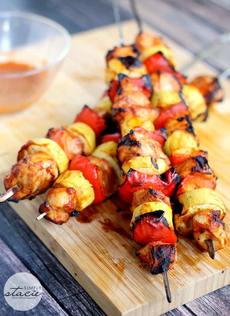 Chipotle Chicken Skewers - The best summer barbecue recipe! Juicy chicken surrounded by peppers, chipotle chiles, squash and charred to perfection.