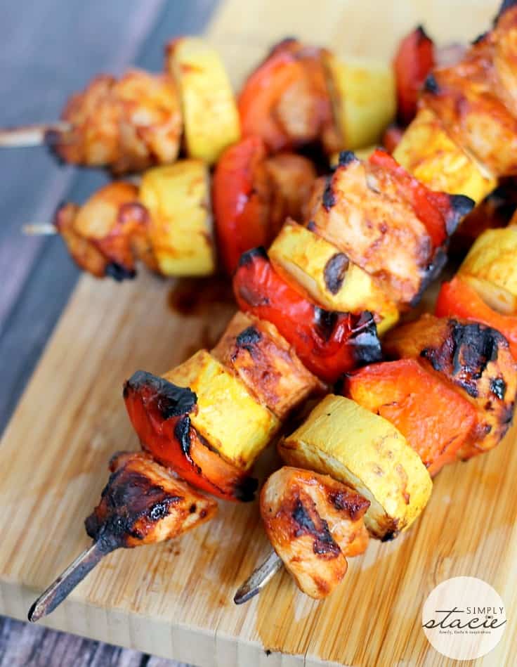 Chipotle Chicken Skewers - The best summer barbecue recipe! Juicy chicken surrounded by peppers, chipotle chiles, squash and charred to perfection.