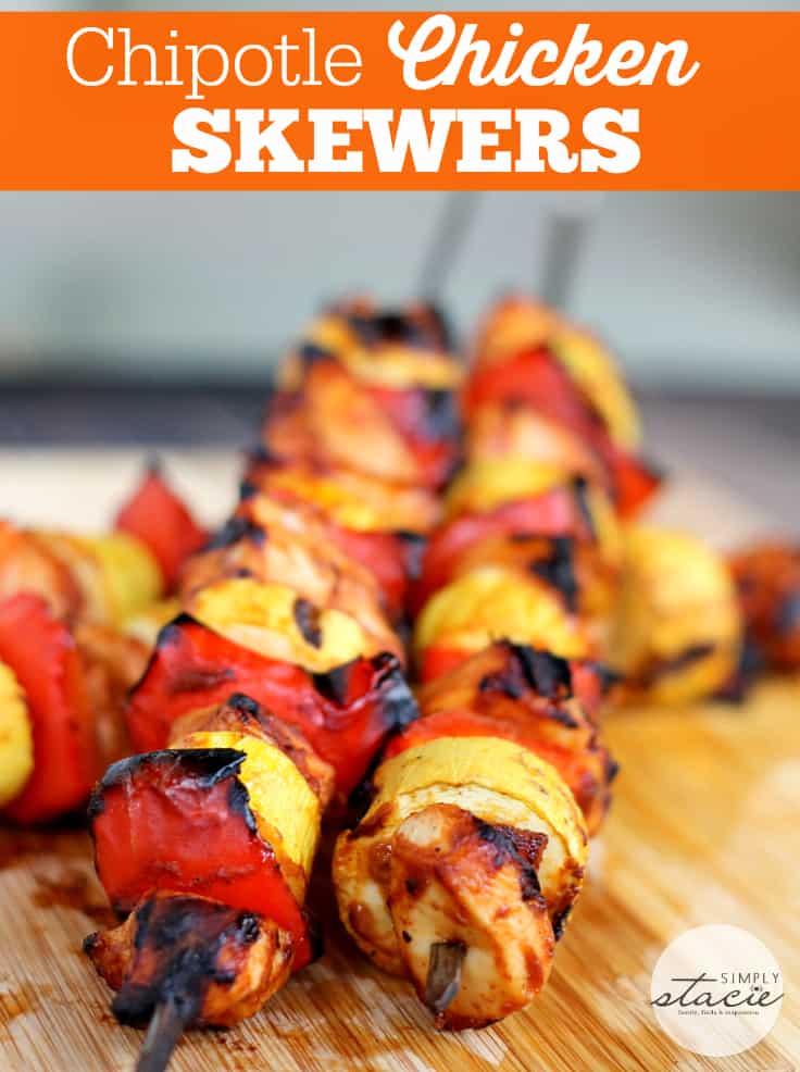Chipotle Chicken Skewers - The best summer barbecue recipe! Juicy chicken surrounded by peppers, chipotle chiles, squash and charred to perfection.