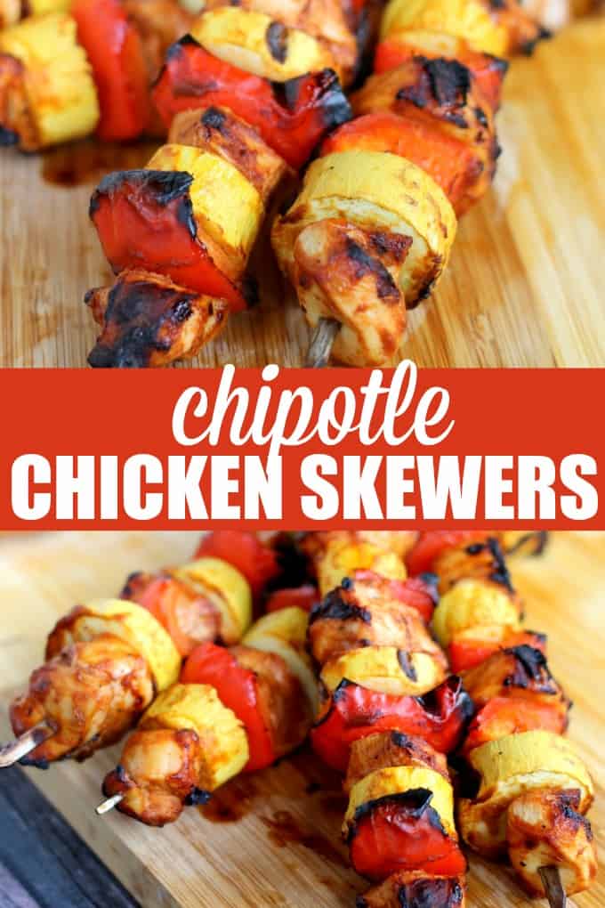 Chipotle Chicken Skewers - The best summer barbecue recipe! Juicy chicken surrounded by peppers, chipotle chiles, squash and charred to perfection.