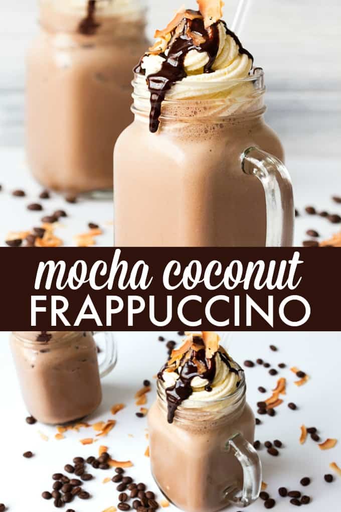 Frappuccino de coco Mocha: Un café helado digno de café en casa. Los sabores de moca y coco se combinan perfectamente en este frappuccino fresco y cremoso.