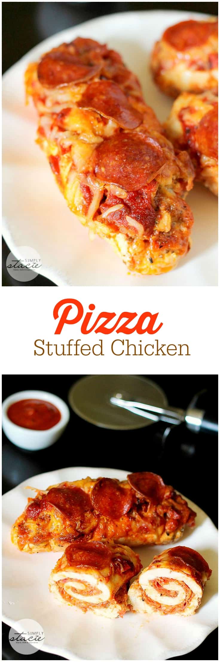 Pizza Stuffed Chicken - Ditch the carbs, but still satisfy that pizza craving! This keto dinner is super flavorful with juicy chicken breasts, marinara, Italian seasoning, cheese and pepperoni.