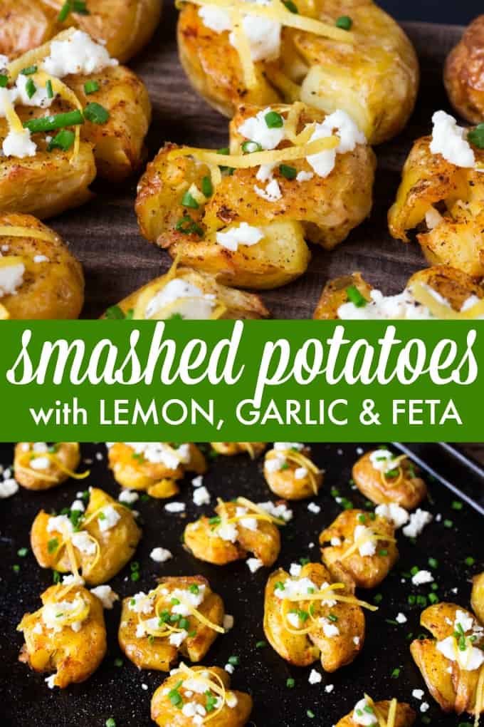 Smashed Potatoes with Lemon, Garlic, and Feta - This easy potato side dish is crunchy on the outside and fluffy on the inside! Topped with lemon zest, crumbled feta cheese, and smoked paprika.