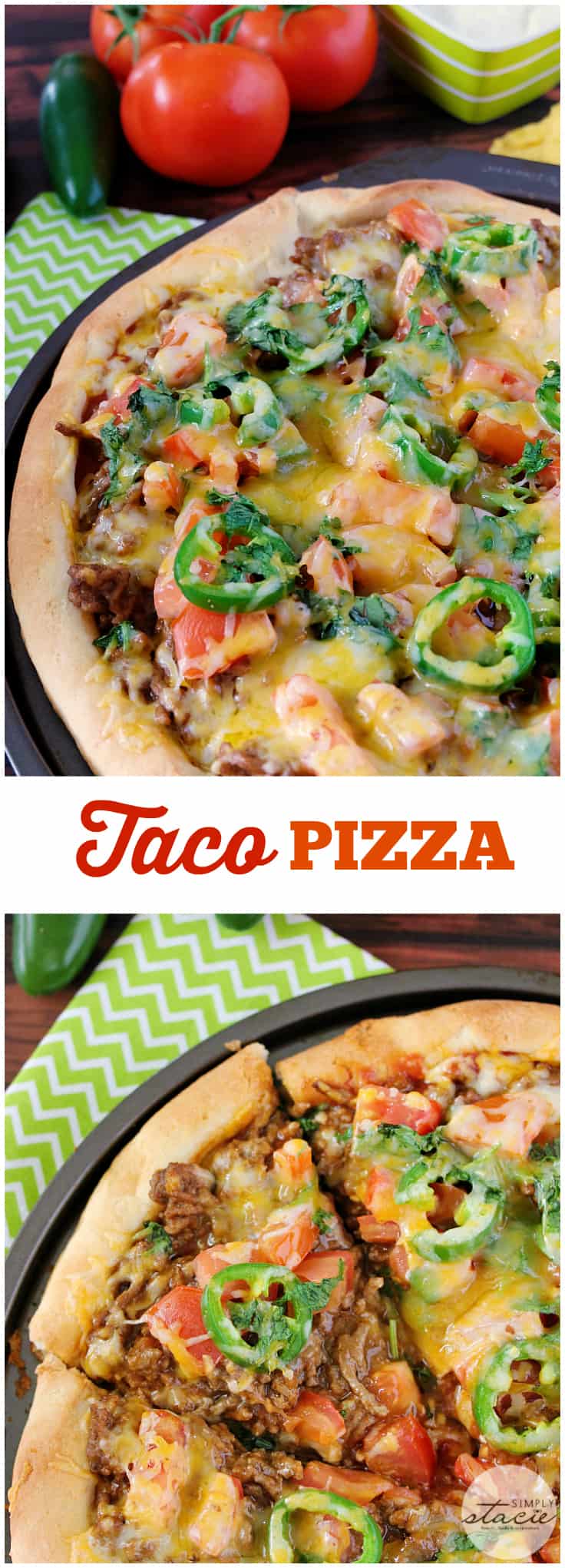 Taco Pizza - Bring Mexican night to your pizzas! Loaded with ground beef, cheese, and tons of veggies, you won't even miss the tortillas.