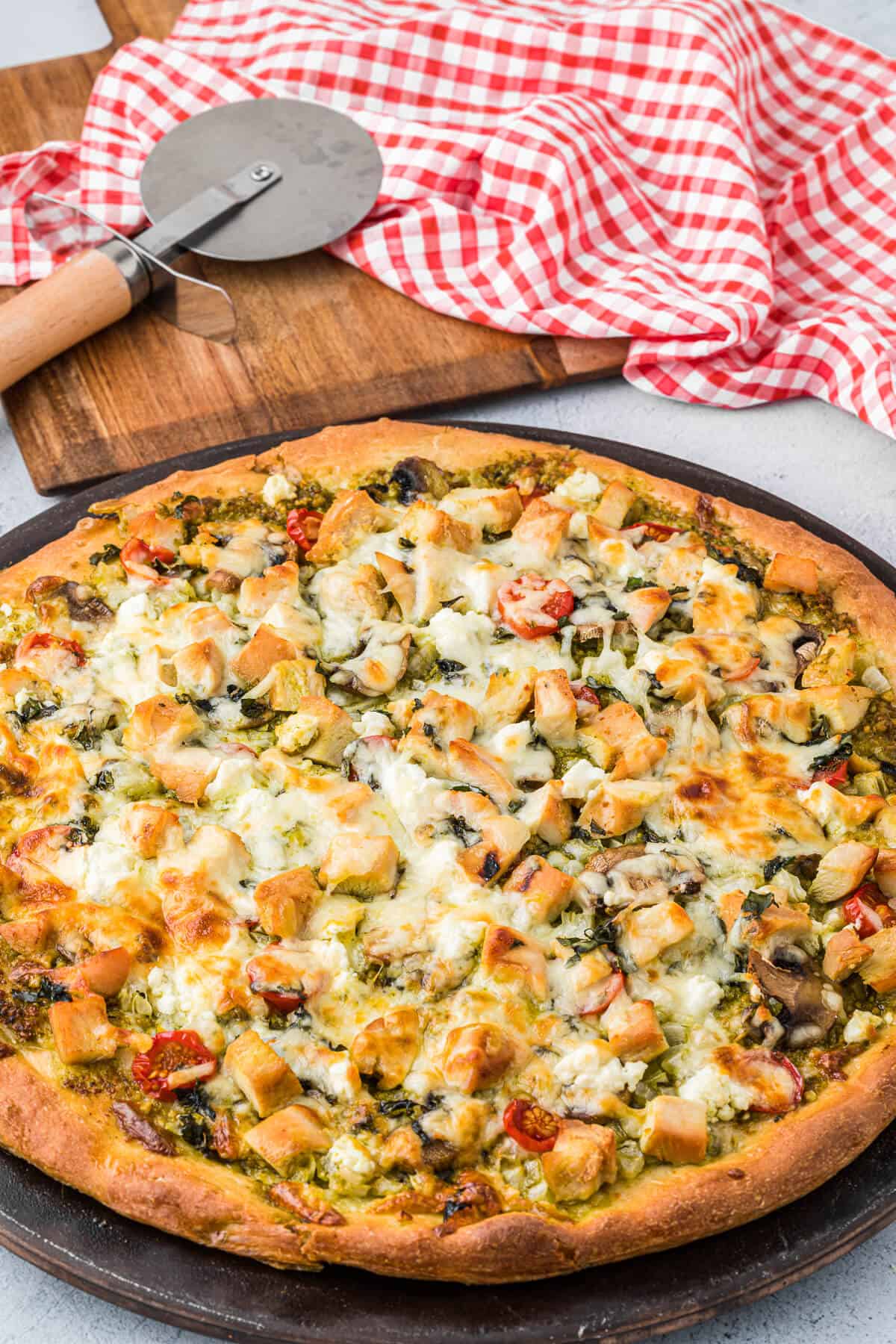 The recipe on a pizza pan.