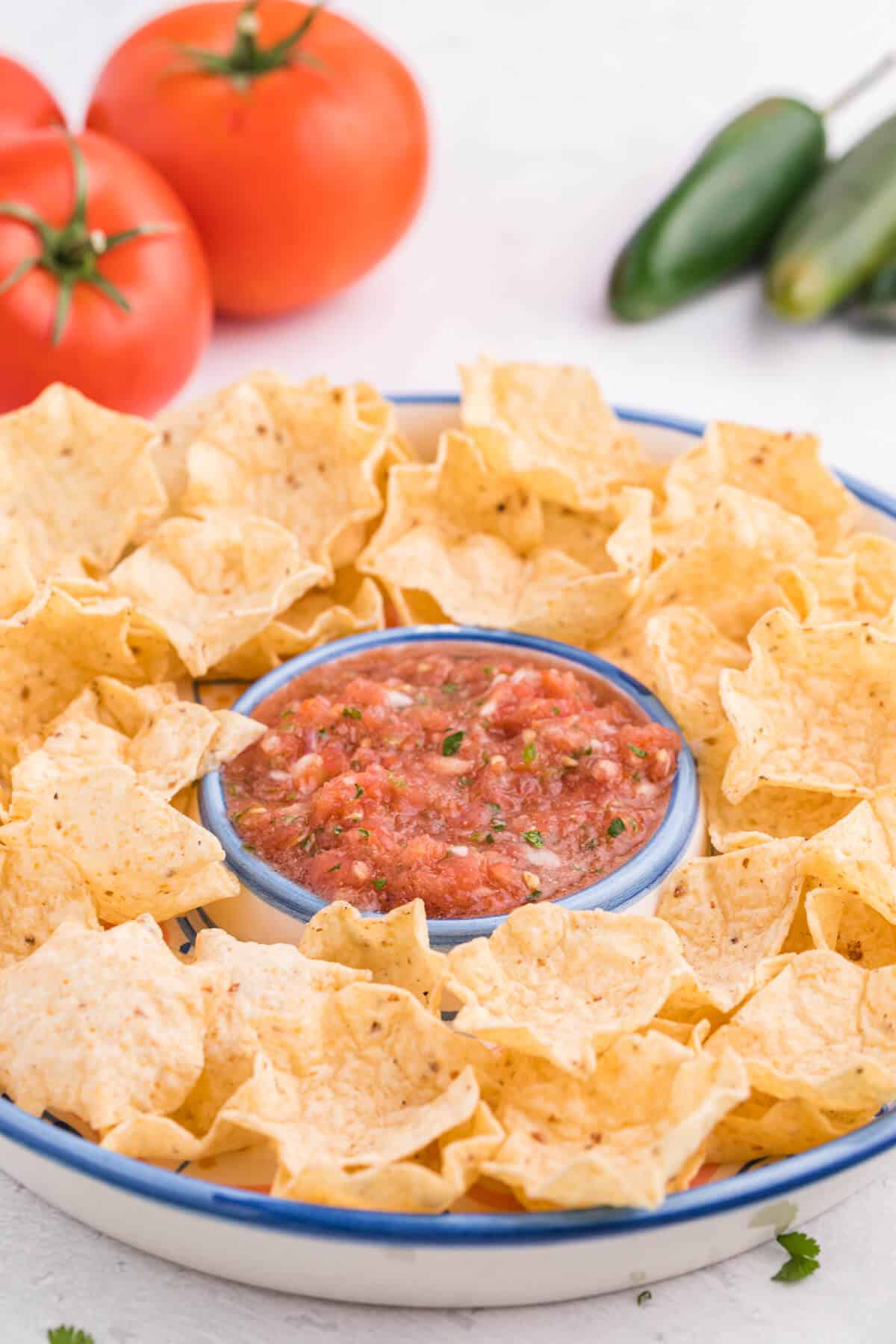 Garden salsa on a serving platter with tortilla chips.