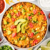 Chicken fajita rice in a pan.