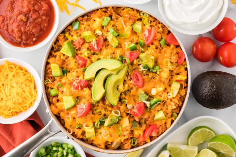 Chicken fajita rice in a pan.