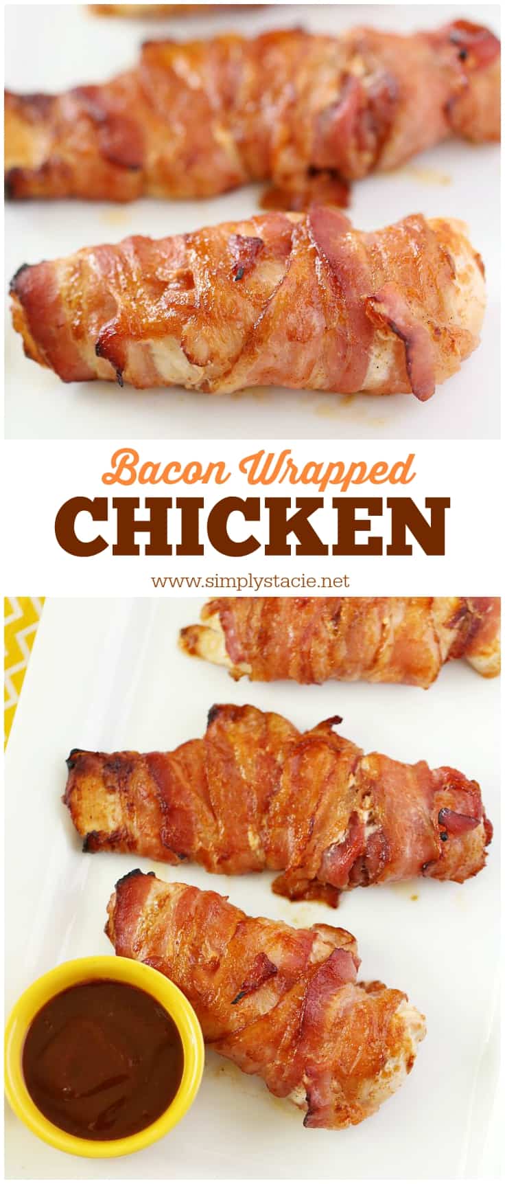 Bacon Wrapped Chicken - Only 4 ingredients! Juicy chicken breasts wrapped in crispy bacon and slathered with barbecue sauce and a little paprika.