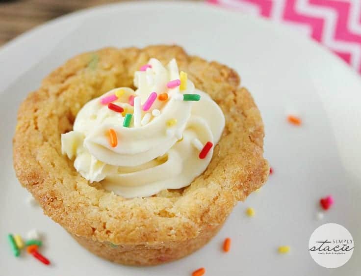 Birthday Cookie Cups - Your new birthday party staple! These bite-size cookie cups are filled with cream cheese frosting and bursting with sprinkles.