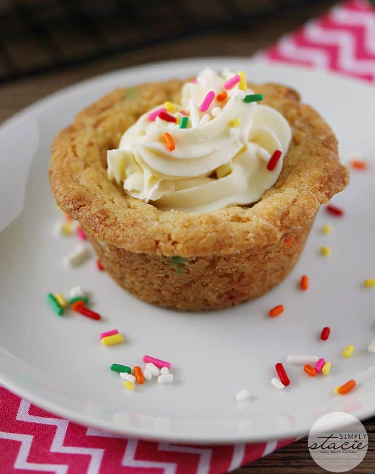 Birthday Cookie Cups - Your new birthday party staple! These bite-size cookie cups are filled with cream cheese frosting and bursting with sprinkles.