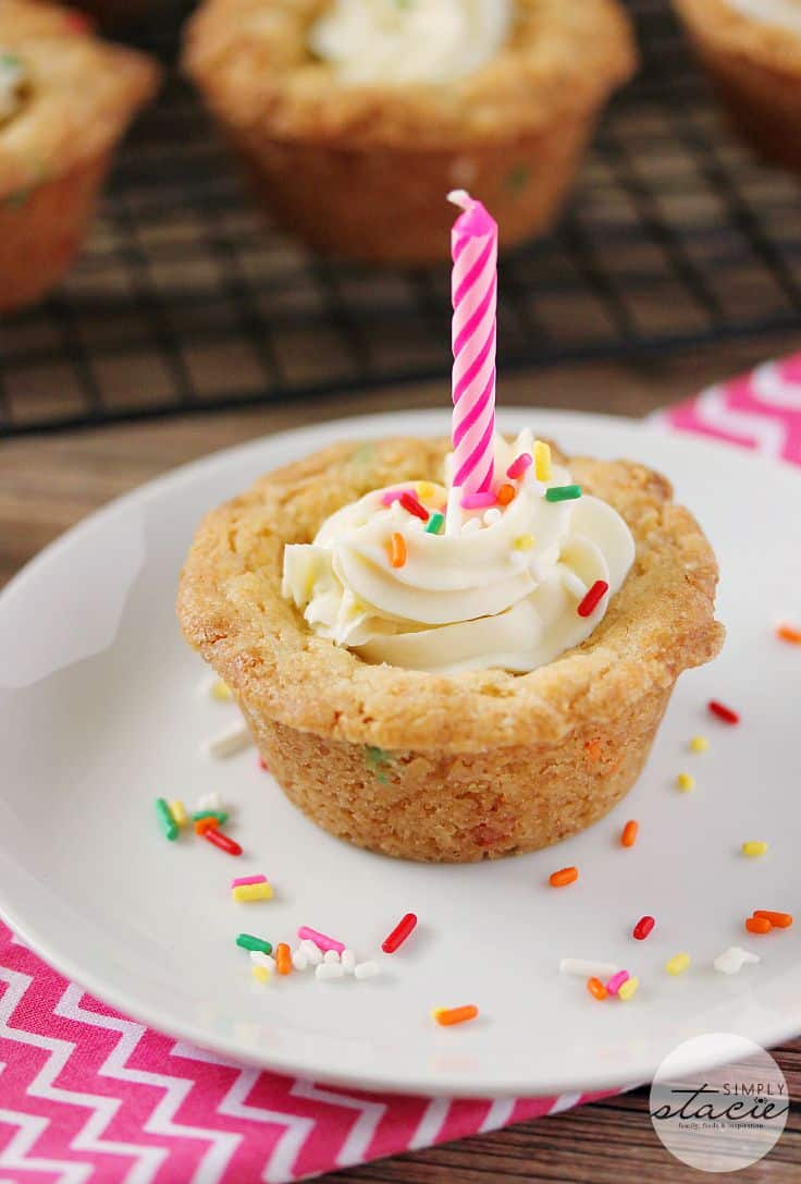 Birthday Cookie Cups - Your new birthday party staple! These bite-size cookie cups are filled with cream cheese frosting and bursting with sprinkles.