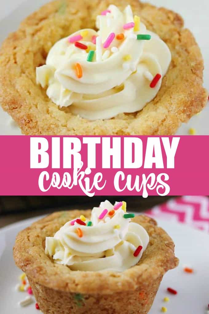 Birthday Cookie Cups - Your new birthday party staple! These bite-size cookie cups are filled with cream cheese frosting and bursting with sprinkles.